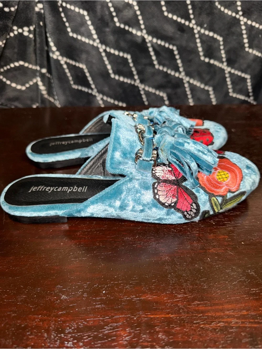 Jeffrey Campbell Velvet Mules Vibrant Floral, Butterfly, and Ladybug Embroidery - Picture 4 of 7